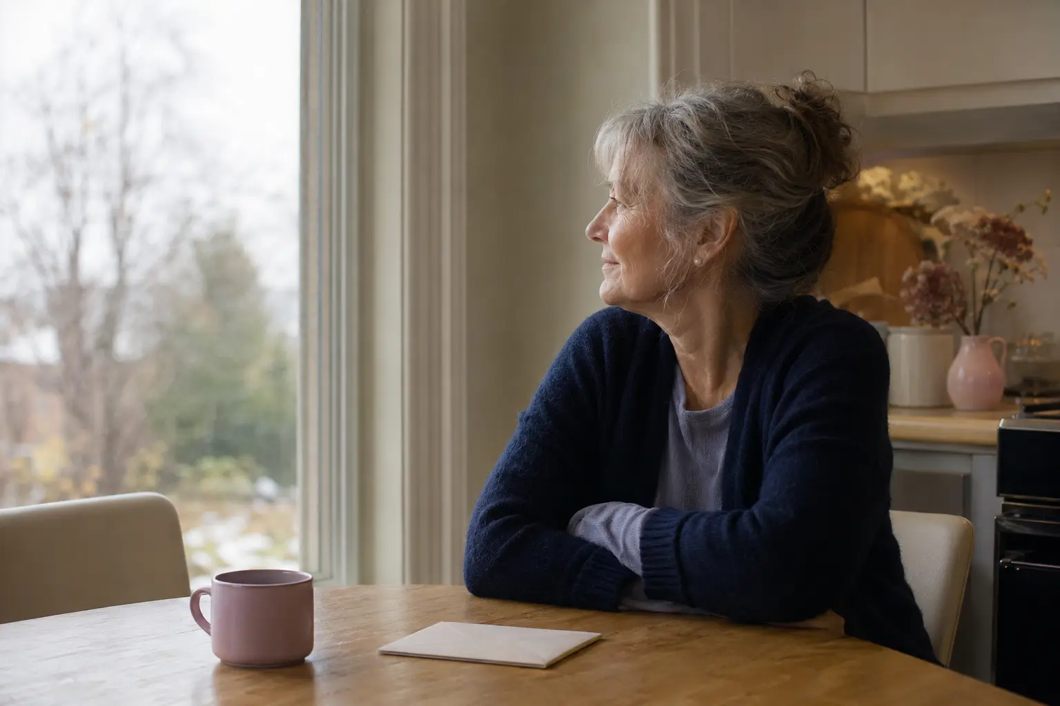 Une personne assise dans un lieu calme, ouverte à un moment ordinaire